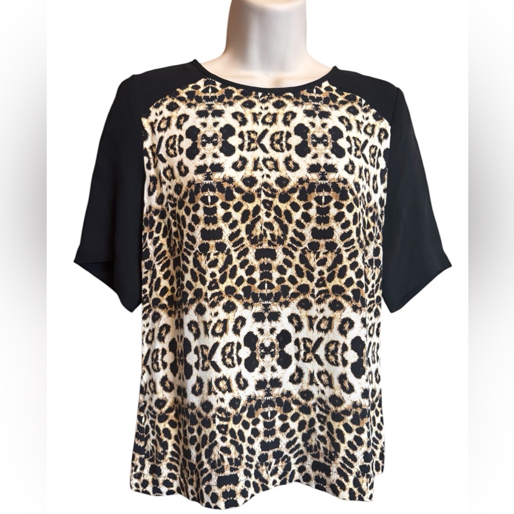 A.L.C. Lizzy Leopard Silk Blouse Women's Size 2 Black Raglan Short Sleeves - Picture 1 of 8